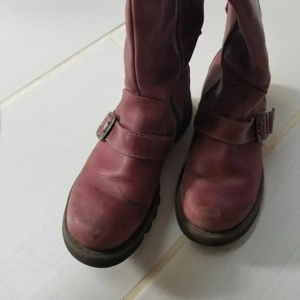 Fly London Mes 2 Petrol Leather Low Wedge Calf Boots Purple 37 - Picture 13 of 15